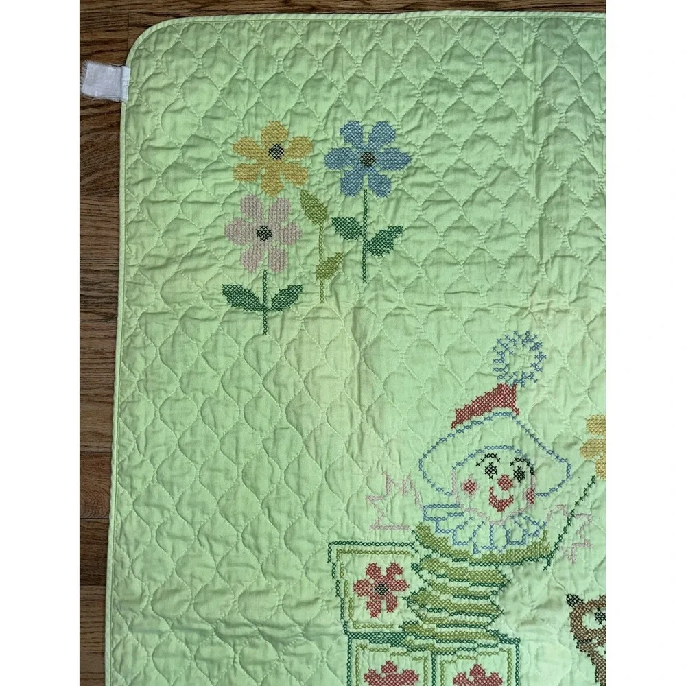 VTG Teddy Bear Jack In The Box Baby Crib Quilt Blanket Green Crossstitch 57